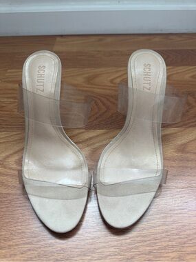 SCHUTZ Beige Clear-Strap Slide Heels